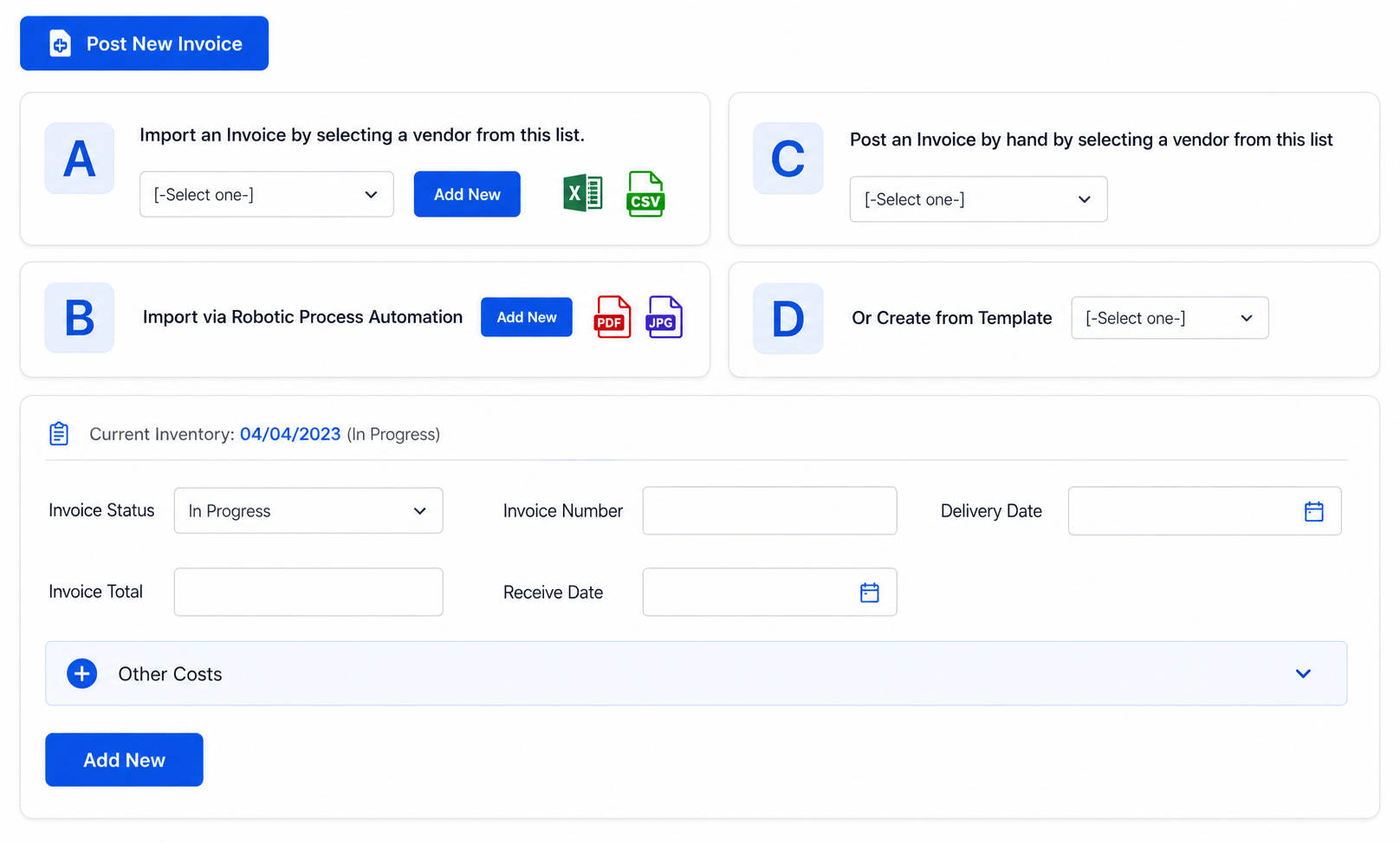 Import Invoices via Excel, CSV file, or our proprietary AI data scraping tool.